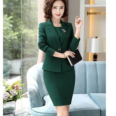 Skirt Suit 1 Элегантный костюм с юбкой женский тонкий зеленый Блейзер на одной пуговице куртки с юбкой комплект из двух предметов для работы и интервью - Цвет: Skirt Suit 1