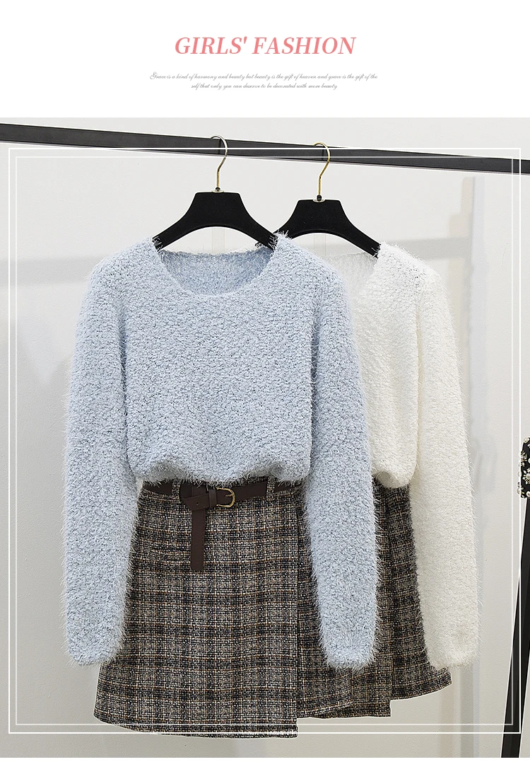 KINOMI осенне-зимние женские повседневные комплекты одежды, вязаный теплый свитер с круглым вырезом и шерстяные мини юбки с ремнем, костюмы