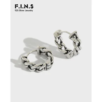 

F.I.N.S Vintage Real 925 Sterling Silver Earrings Woman Link Chain Shaped Punk Antique Silver Hoop Earring Female Decoration