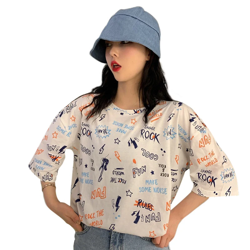 Harajuku Long T-Shirt Loose Letter Printed Women Tshirt Loose Female Tee Tops Large Size Summer T-Shirts