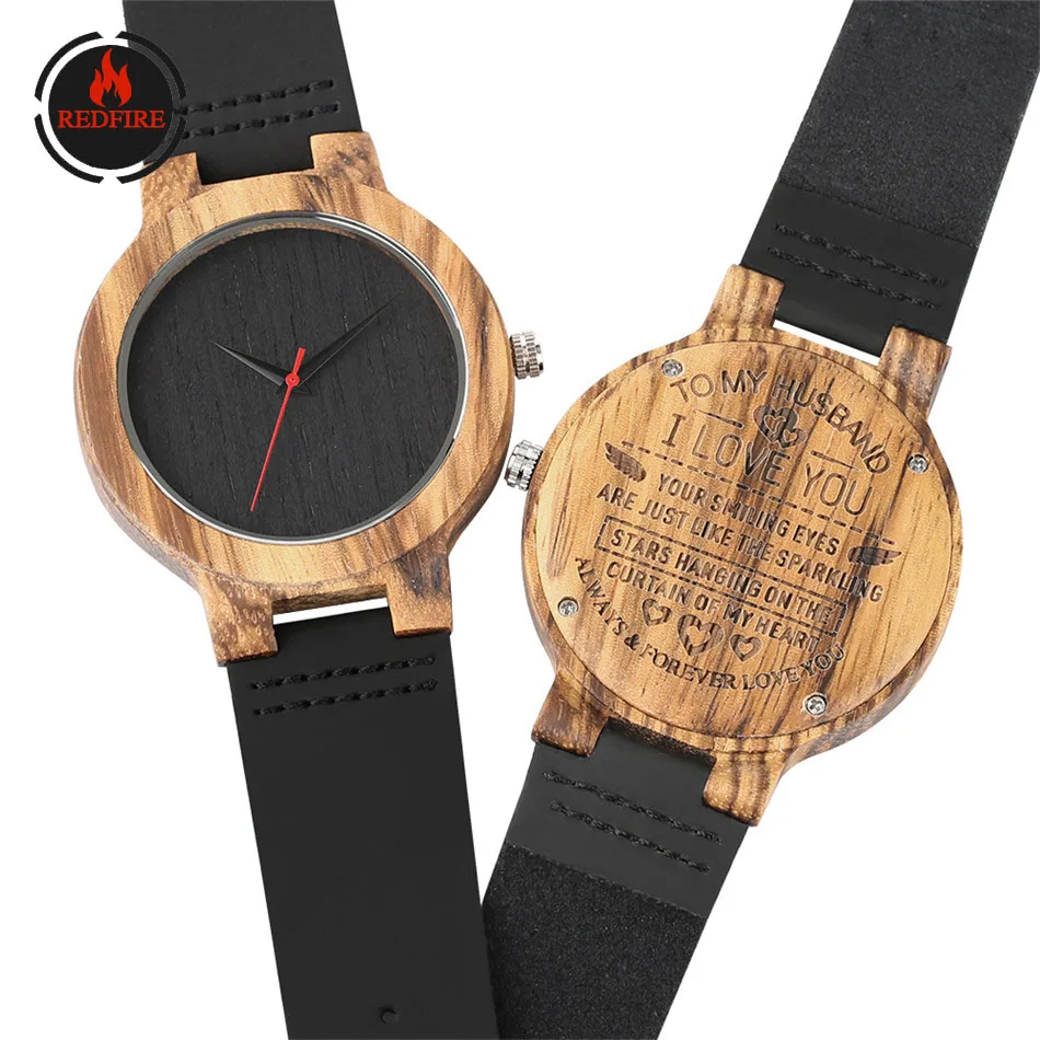 

REDFIRE Zebrawood Men Watch Engraving "To My Husband" Personality Design Wooden Clock Quartz Genuine Leather Men's Watches Gift