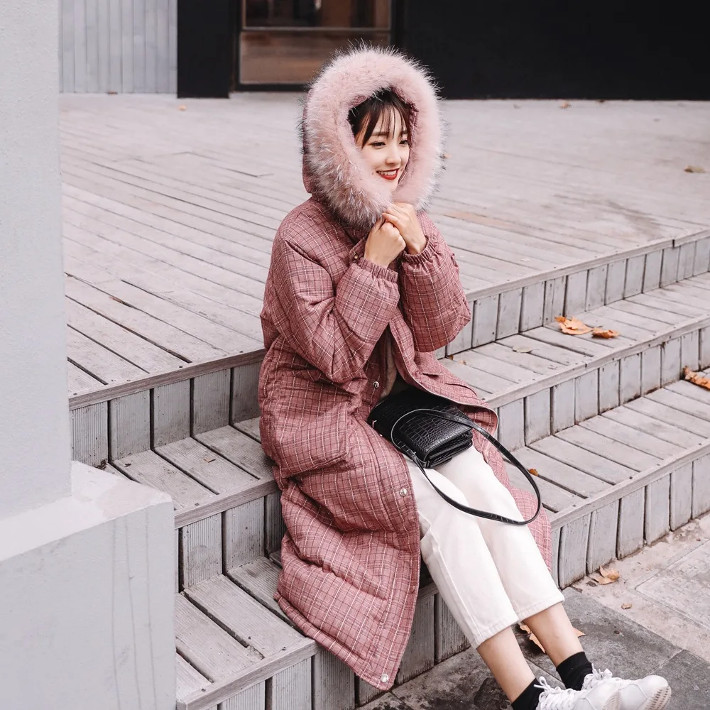 

Cotton Coat Fashion 2018 Winter New Style WOMEN'S Dress Retro British Style over-the-Knee Long Hooded Fur Collar Plaid Cotton-pa