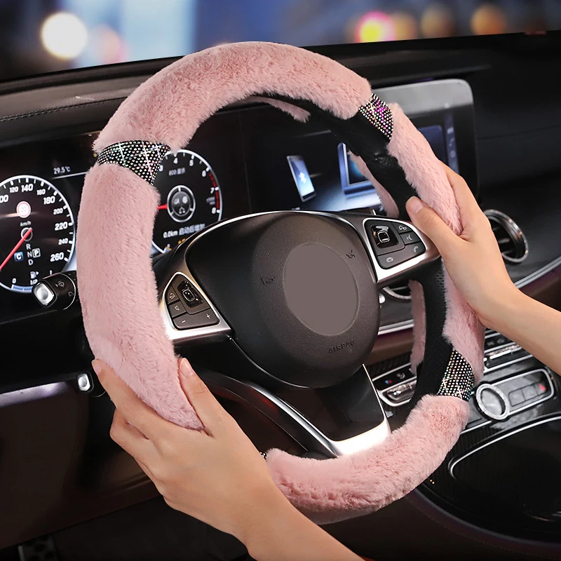 Couvre-volant de voiture en peluche douce pour femme et fille, Imitation  diamant, rose, noir, tresse universelle sur le volant, hiver - AliExpress