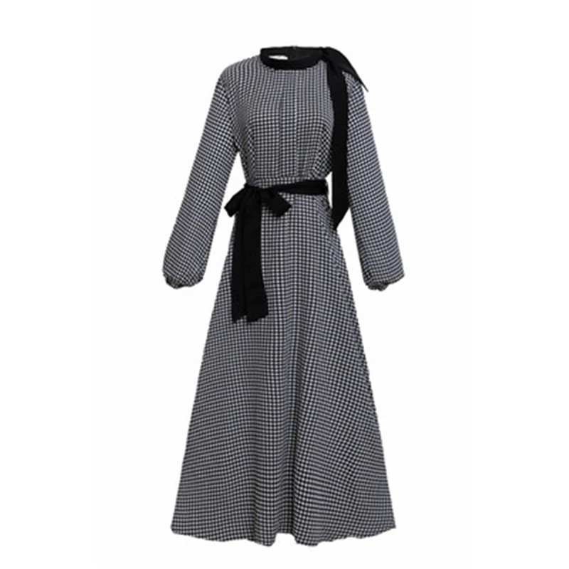 

Houndstooth Women's Long Dress New Spring Autumn Long Sleeve Slim Femme Vestido With Belt Trendy Lady Lacing Female Dress Mujer