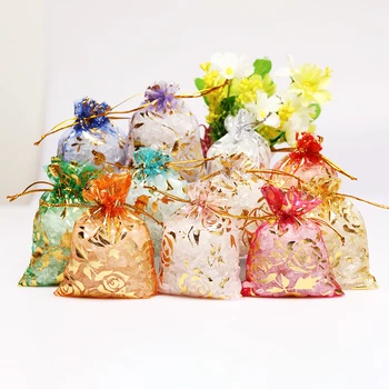 

50pcs/lot 7x9/9x12/11x16/13x18cm Rose Design Organza Bags Jewelry Packaging Bags Wedding Party Favor Drawstring Gift Bag