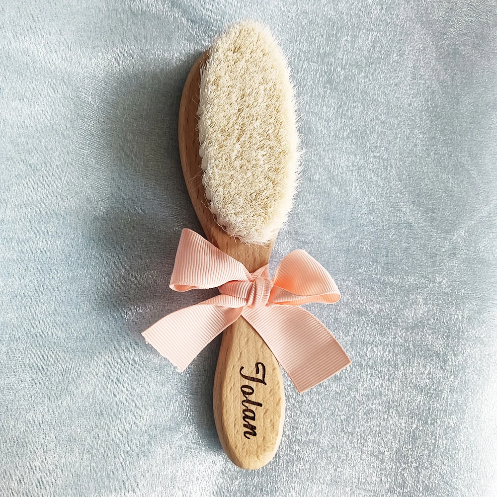 Baby Hair Brush Comb Name Baby Bathing Comb Baby Care Hair Brush Pure Natural Wool Wood Comb Newborn Massager Shower and Registry Gift