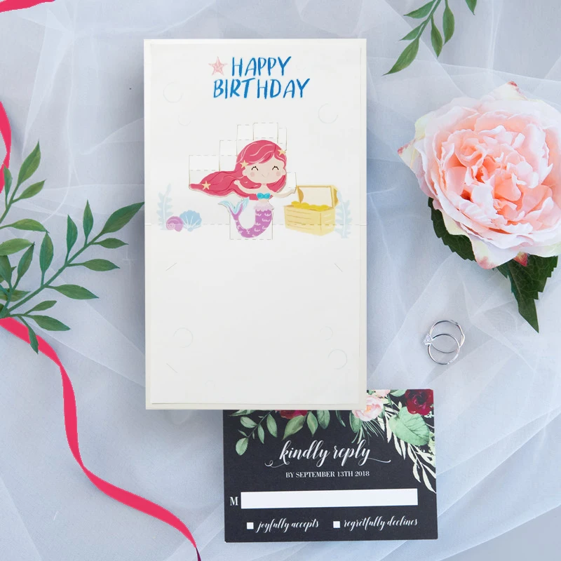 1 комплект дизайн розовый Русалка сокровище всплывающие открытки 3D с днем рождения приглашения поздравление спасибо лазерная резка вечерние сувениры детское шоу