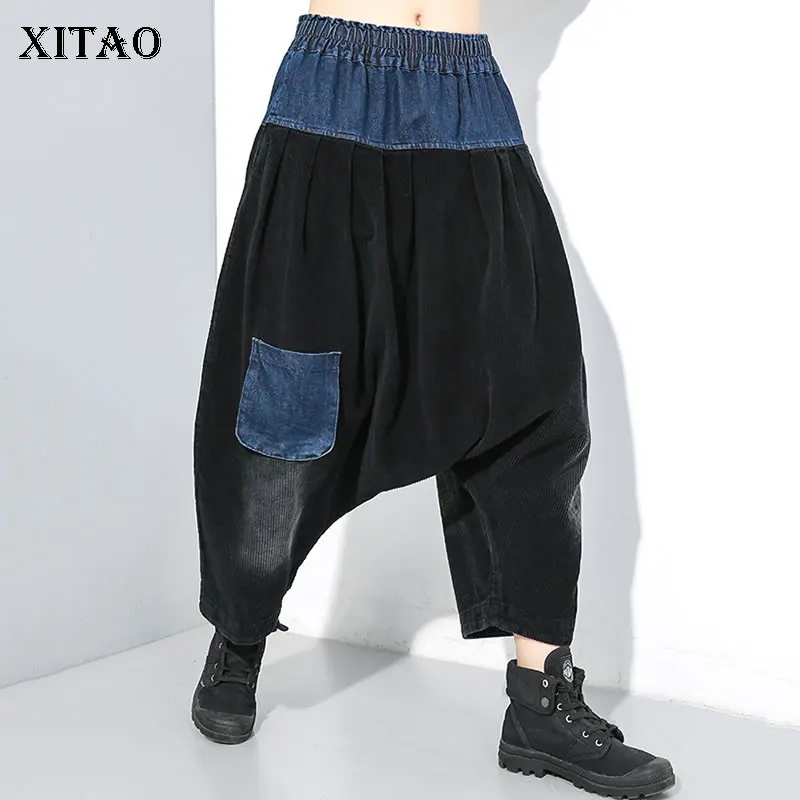 XITAO, Свободные плиссированные штаны-шаровары, модная новинка, зимние штаны с эластичной резинкой на талии, пэтчворк, с карманами, длина до щиколотки, XJ2898