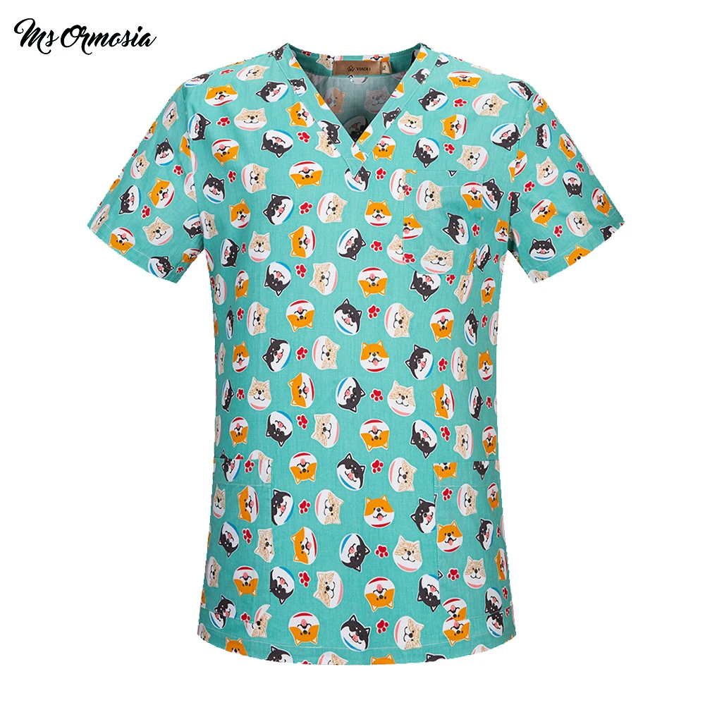 

Breathable comfortable fashion cute bear Cotton Cartoon scrub uniform Beauty Salon Uniform Laboratory Pet Shop Scrub Uniform top
