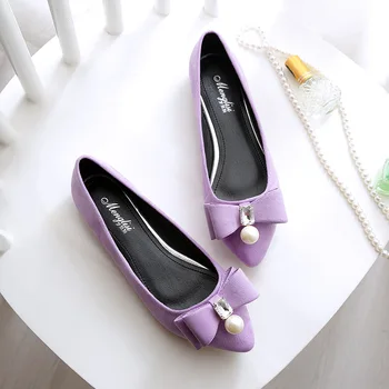 

35~43 Plus Size Women Crystal Flat Shoes Spring Ladies Slip On Loafers Rhinestone Bow Pointed Toe Suede Leather Single Shoes