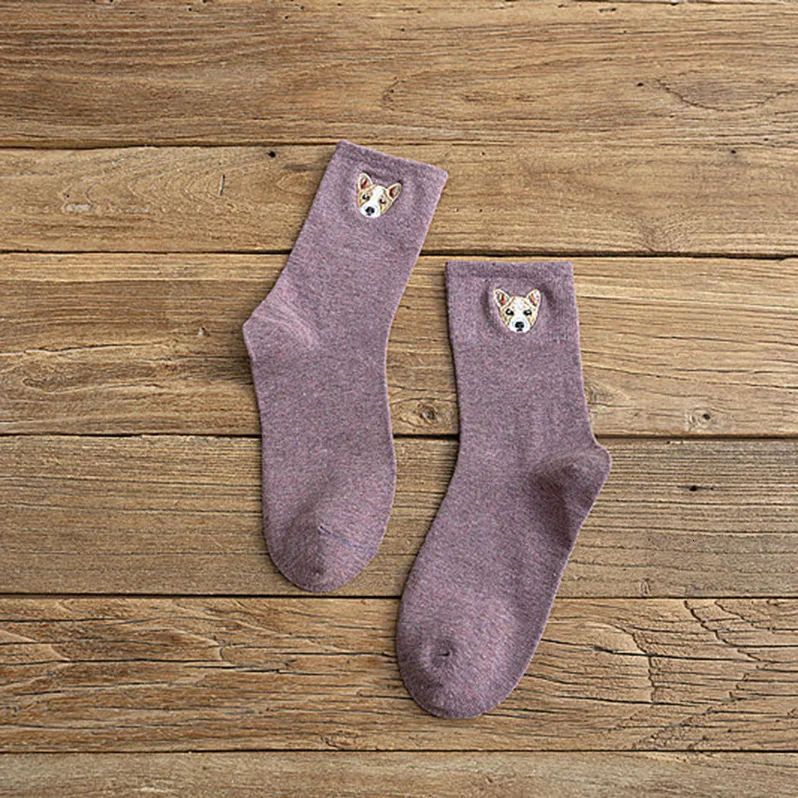 PEONFLY/1 пара осенне-зимних Хлопковых Носков, женские милые носки с мультяшной вышивкой и принтом собаки, повседневные женские хлопковые носки - Цвет: Violet
