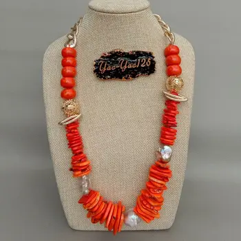 

23" Cultured Keshi Pearl Orange Disc Turquose Coral Necklace