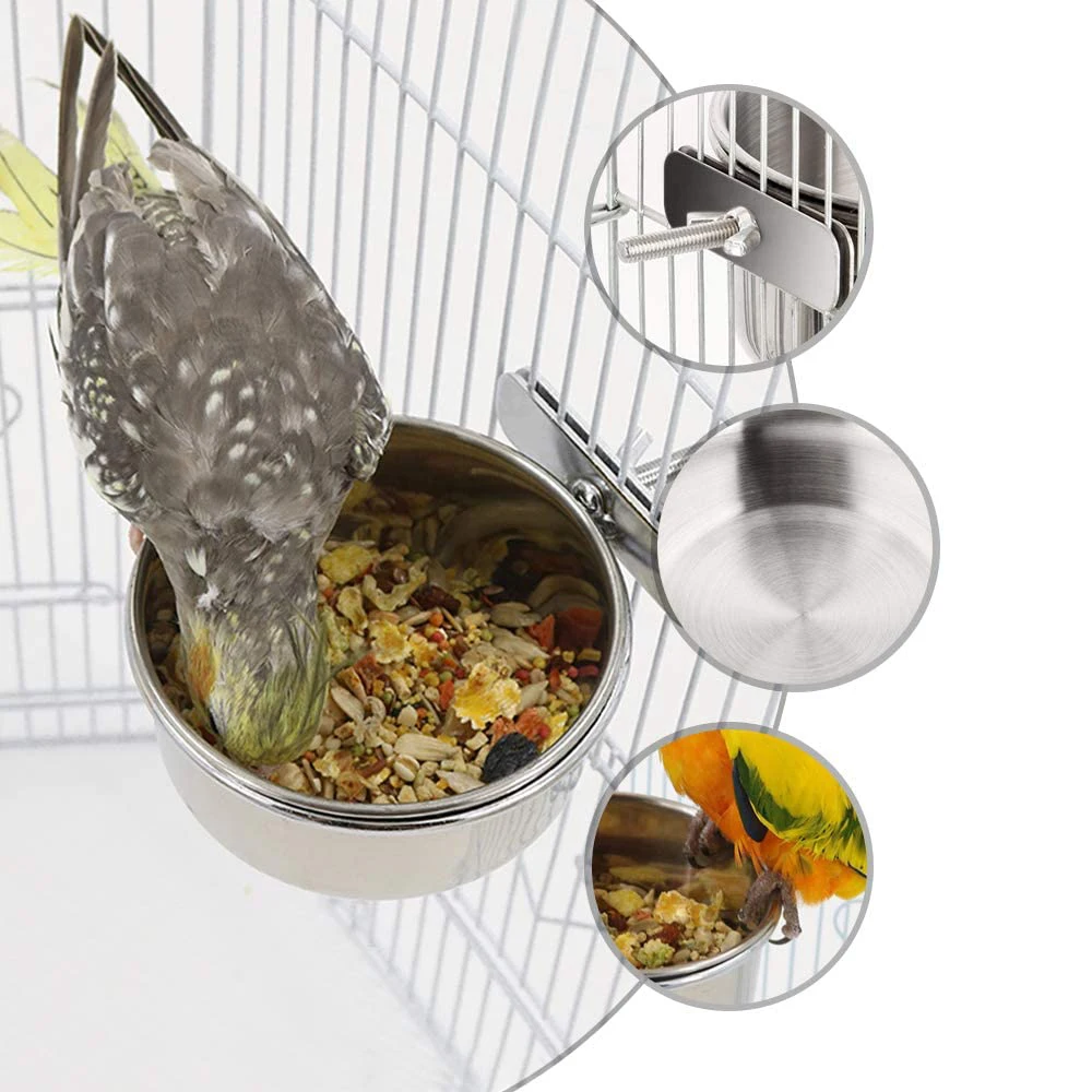 Bird Feeder Parrot Feeder Parrot Feeding Bowl Parrot Feeding Cup Bird Food Dish Stainless Steel Parrot Feeder Water Cage Bowl With Clamp Holder For Cockatiel Budgies Parakeet