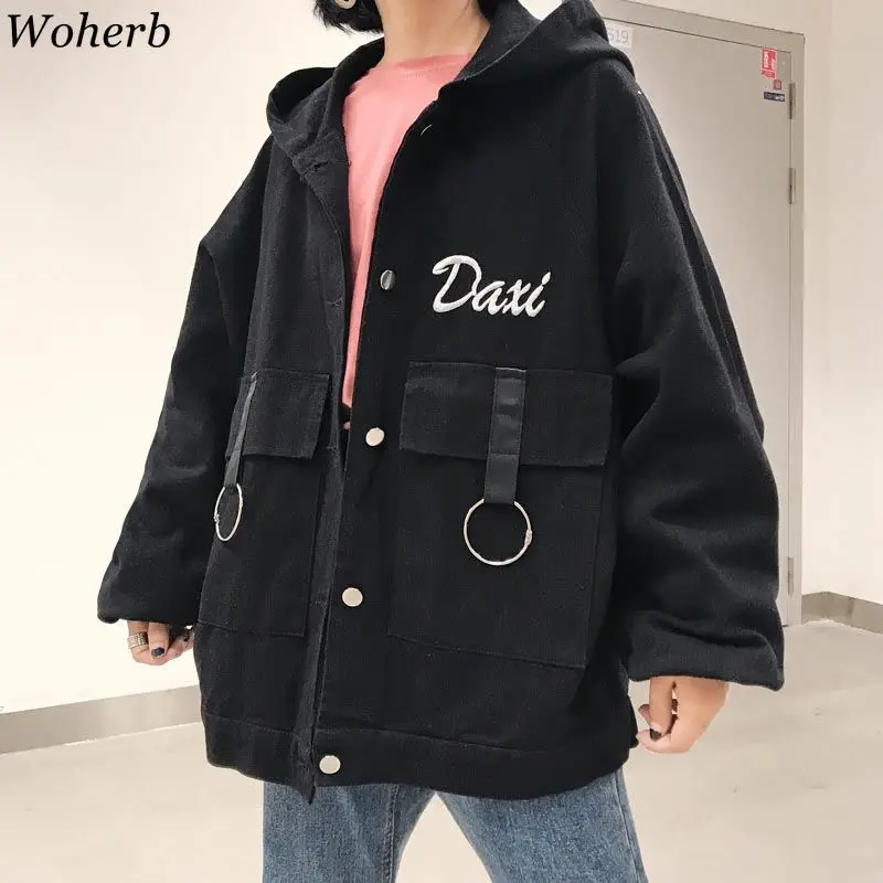 Woherb джинсовая куртка с капюшоном Для женщин с нашивкой в виде надписи "джинсовая ткань оверсайз пальто BF Harajuku куртки осень рукав «летучая мышь» ветровка