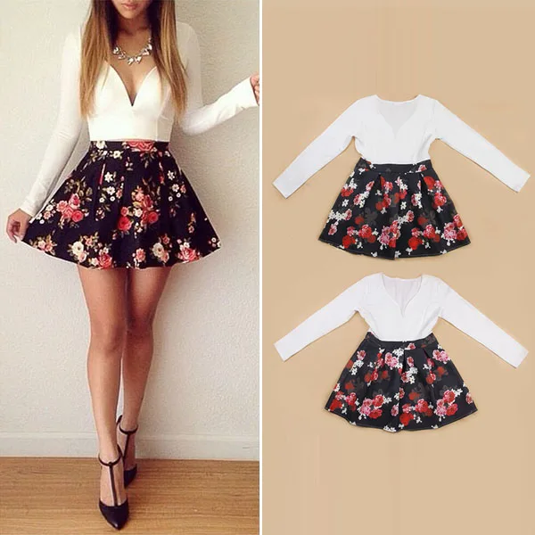 

Spring Summer Flower Print Mini Party Dress Women Sexy Skater Dresses Patchwork V Neck A Line Vestidos Dress