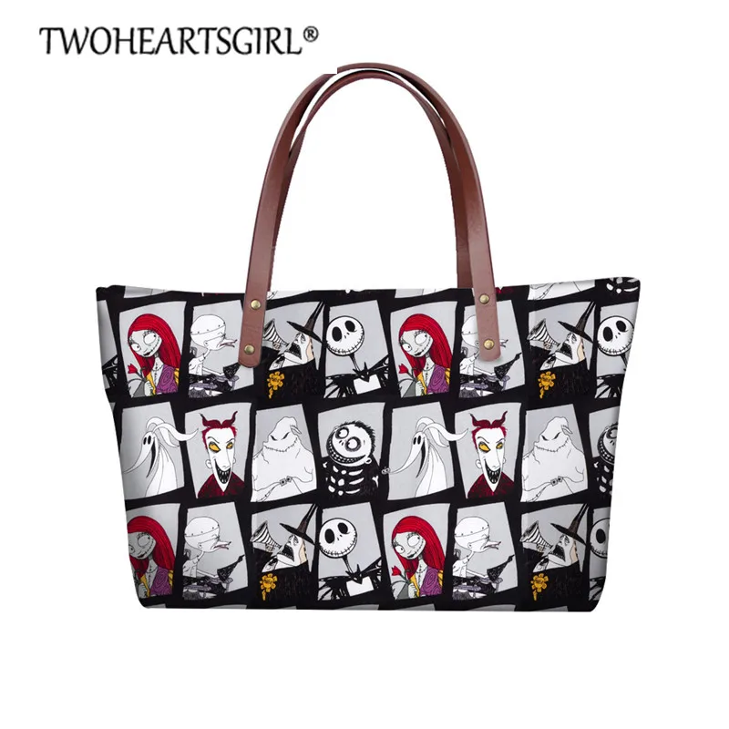 

Twoheartsgirl Nightmare Before Christmas Neoprene Handbag Skull Jack Skellington Shoulder Bag Gothic Women Bags Customize Totes