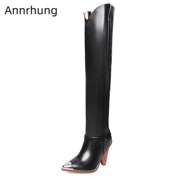 

Concise Metal Pointed Toe Knight Boots Women New Winter Knee High Boots Sexy 10cm Spike Heel Long Botas Fashion Long Boots Women