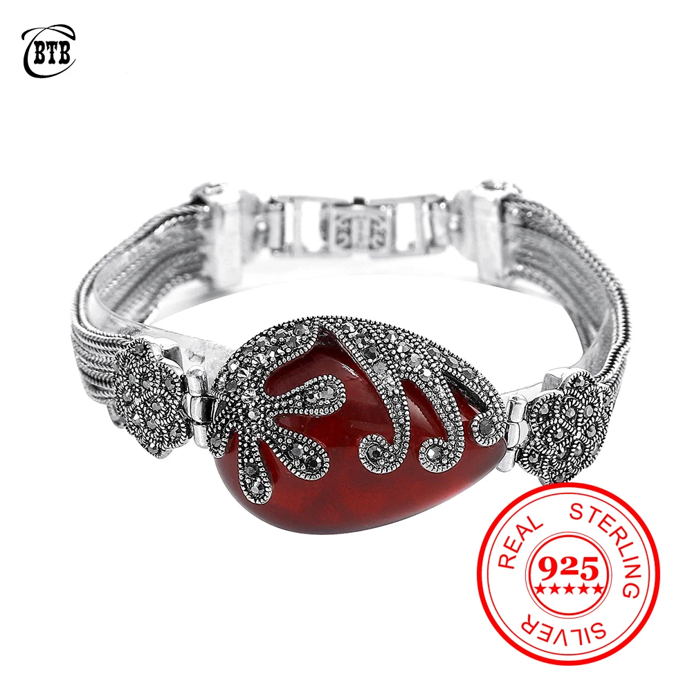 925 пробы серебряные женские браслеты-каффы браслет с красным гранатом этнический Boho Расширяемый Браслет Браслеты