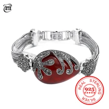 925 пробы серебряные женские браслеты-каффы браслет с красным гранатом этнический Boho Расширяемый Браслет Браслеты