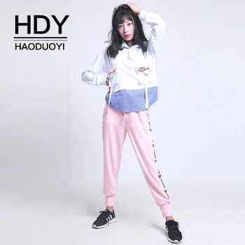 

HDY Haoduoyi 2019 New Arrival Autumn Fashion Personality Youth Sweet Wind Hooded Stitching Pocket Embroidery Pullover Sweatshirt