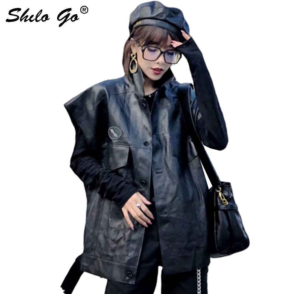 

Genuine Leather Vest Highstreet Mock Neck Drop Shoulder Single Breasted Sheepskin Vest Women Autumn Winter Pocket Front Outwear
