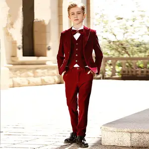 Бордовые официальные костюмы для мальчиков, вечерние смокинги, бархатные для маленьких мальчиков, для шафера, Детский костюм для особых слу...