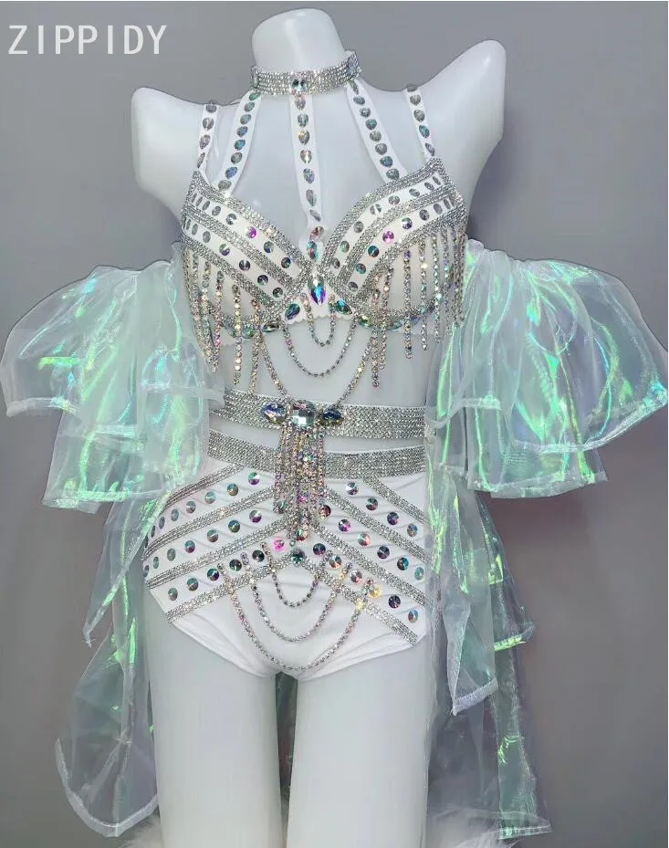 

Multi-color Rhinestones Tassel Bra Short Fluorescent Bikini Outfit Bar Evening Outfit Women Singer Prom Outfit Set