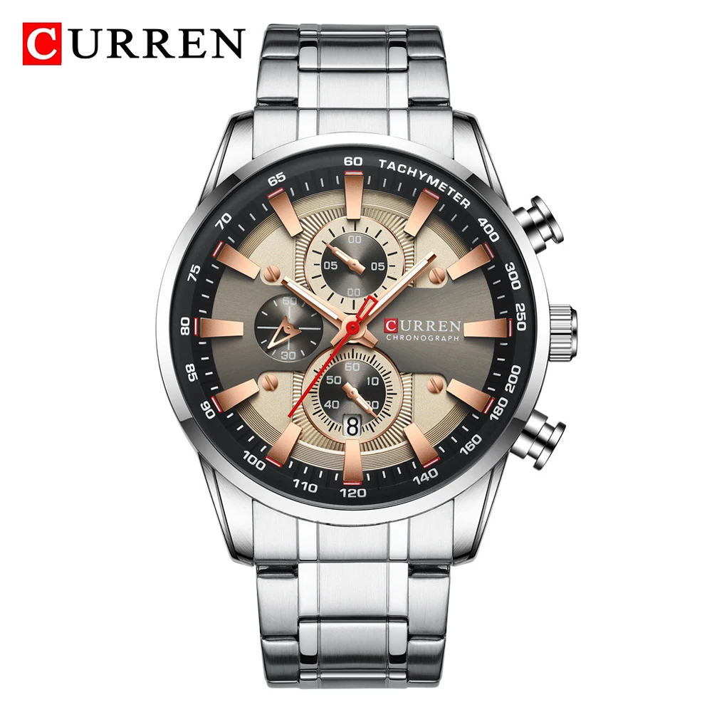 Silver Brown CURREN, роскошные Брендовые мужские часы, хронограф, мужские спортивные кварцевые часы из нержавеющей стали, мужские часы, водонепроницаемые, Relogio Masculino - Цвет: Silver Brown