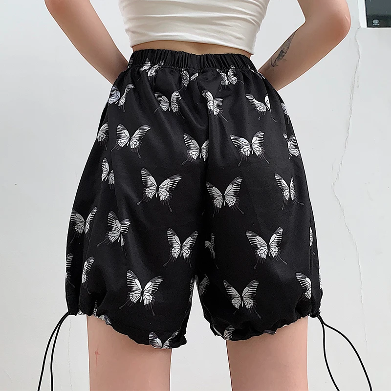 HIGAREDA Butterfly Print Casual Loose Short Pants Women Punk High Waisted Shorts Ladies Streetwear Pockets Summer