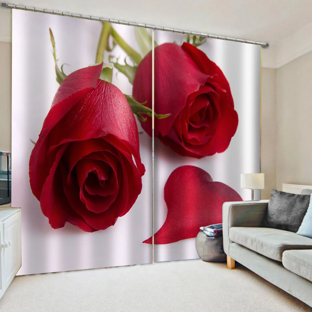 Blockout Drapes Fabric 3D Photo Printing Window Curtains Mural Blooming Red Rose 
