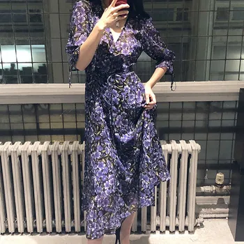 

Women V-neck Bubble Sleeve Midi Dress Color Matching Print Long Dress With Belt Early Autumn