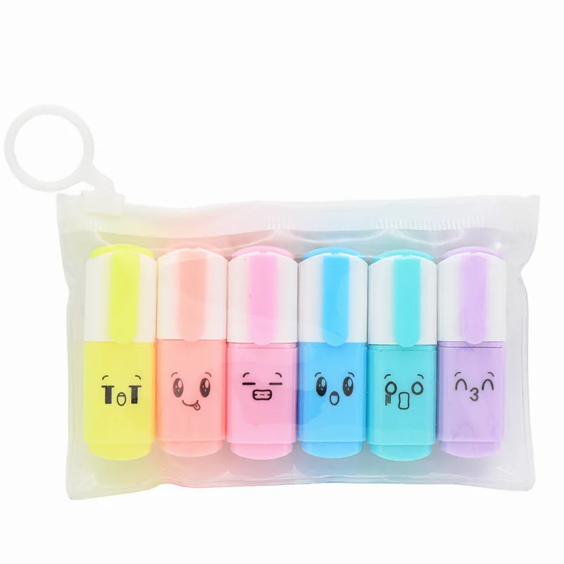6-color cute face Highlighter Standard oblique tip Student notes key marker pen Children's drawing with colored pens