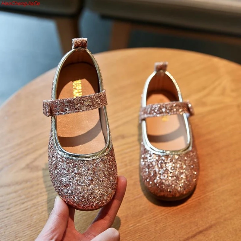 

New Spring Fashion Princess Shoes Gold Silver Girls Shoes Glitter Sequins Kids Flats Children Wedding Party Dress Shoes