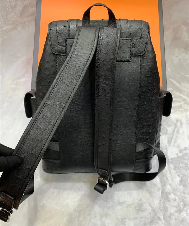 Authentic Real True Ostrich Skin Men Large Casual Black Drawstring Backpack Genuine Exotic Leather Male Leisure Travel Bag Pack 2
