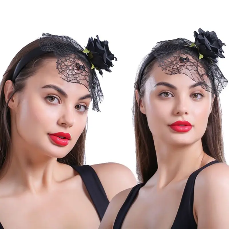 

Women Girls Halloween Artificial Black Rose Flower Headband Spider Web Mesh Veil Wide Hair Hoop Cosplay Party Props Headpiece