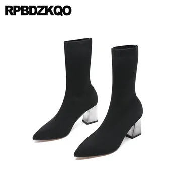 

luxury shoes pointed toe short women brand knit slip on block ankle autumn 2019 chunky black elastic fall metal heel boots sock