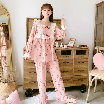 

Fashion square collar design women full sleeves print pajamas autumn pure cotton leisure sweet girl full pants homewear cheap