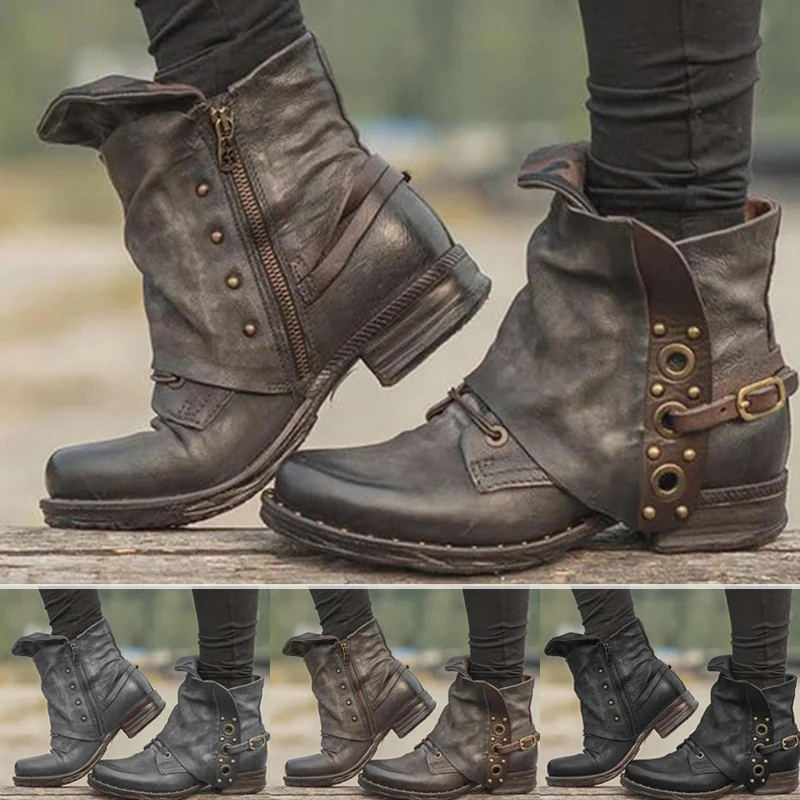 

Hot Selling Women Leather Ankle Boots Comfy Heel Shoes with Side Zipper for Winter Autumn -B5