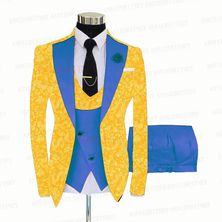 Yellow Floral Printed Groom Wedding Suit Set Slim Fit Formal Men Shiny Jacket Prom Dinner Suit Blazer Vest Pants 3 Pieces