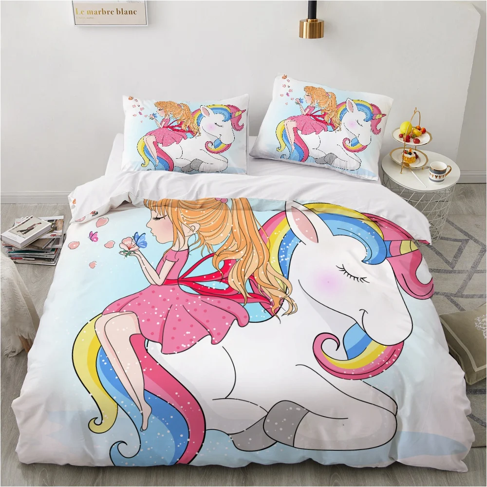 

3D Unicorn Bedding Sets luxury Single Queen Double Full King Twin Bed linen For home Kids Children baby Cartoon Pink White