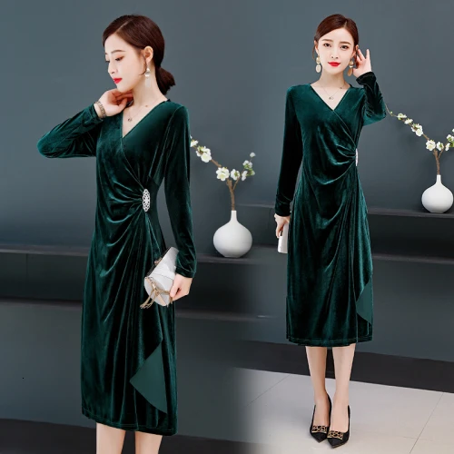 

Xincooler Autumn Diamonds V-neck Banquet Shaped Women Long Dress Plus Size Velvet Chinese Style Straight Designer Dress
