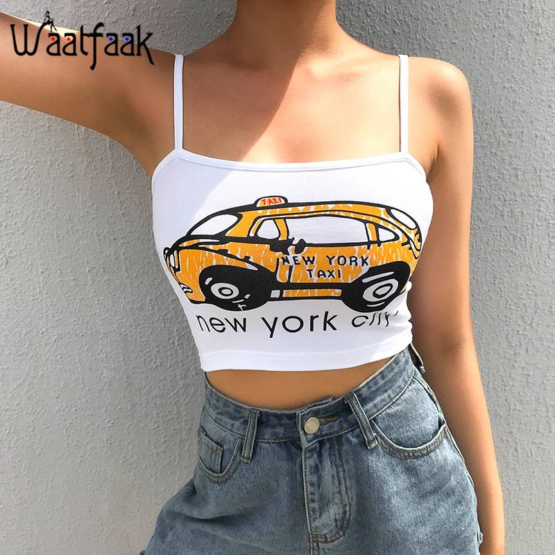 Waatfaak White Casual Car Printed Casual Cami Tank Top Women Cotton Harajuku Croptop Graphich Sleeveless Spaghetti Tank Tops