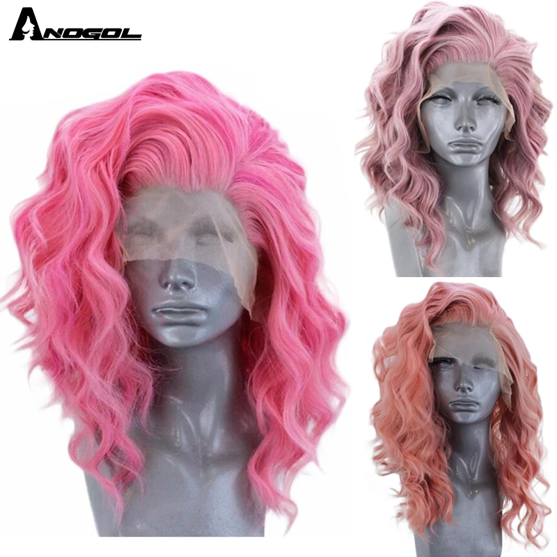 Anogol короткие рулон розовые оборки часть высокое Температура волокна синтетические Синтетические волосы на кружеве парики из натуральных волос для белый Для женщин