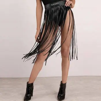 Womens High Waist Faux Leather Tassels Skirt Body Harness Punk Party Clubwear Charm Center Confident dance 1