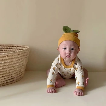 MILANCEL Newborn Baby Clothes Lemon Print Baby Bodysuit Cute Baby Hat Toddler Boys Bodysuit Set baby Indoor Clothes 1