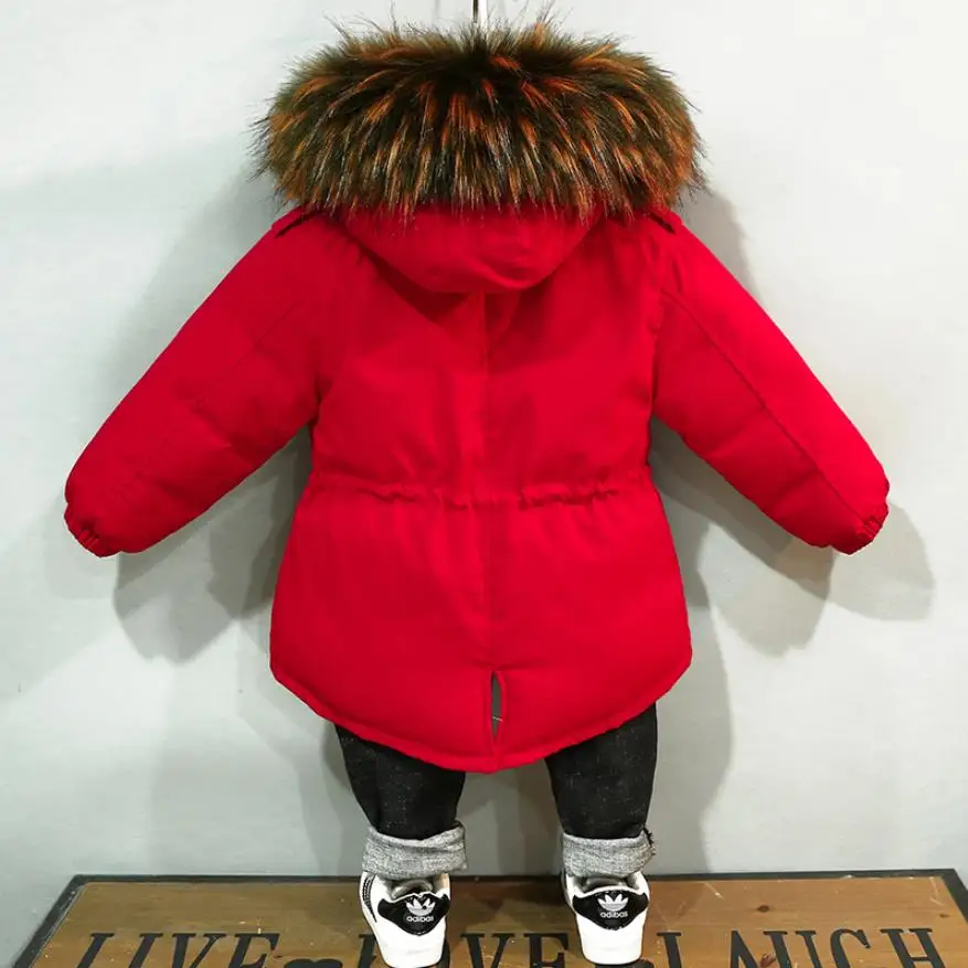 Плотные хлопковые пальто для мальчиков и девочек коллекция года, новые зимние куртки с капюшоном и большим меховым воротником для детей, верхняя одежда для детей Топы для детей, От 1 до 10 лет