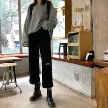 S-xl осенние корейские винтажные стильные женские свободные рваные джинсы женские прямые джинсы с высокой талией для женщин(78235