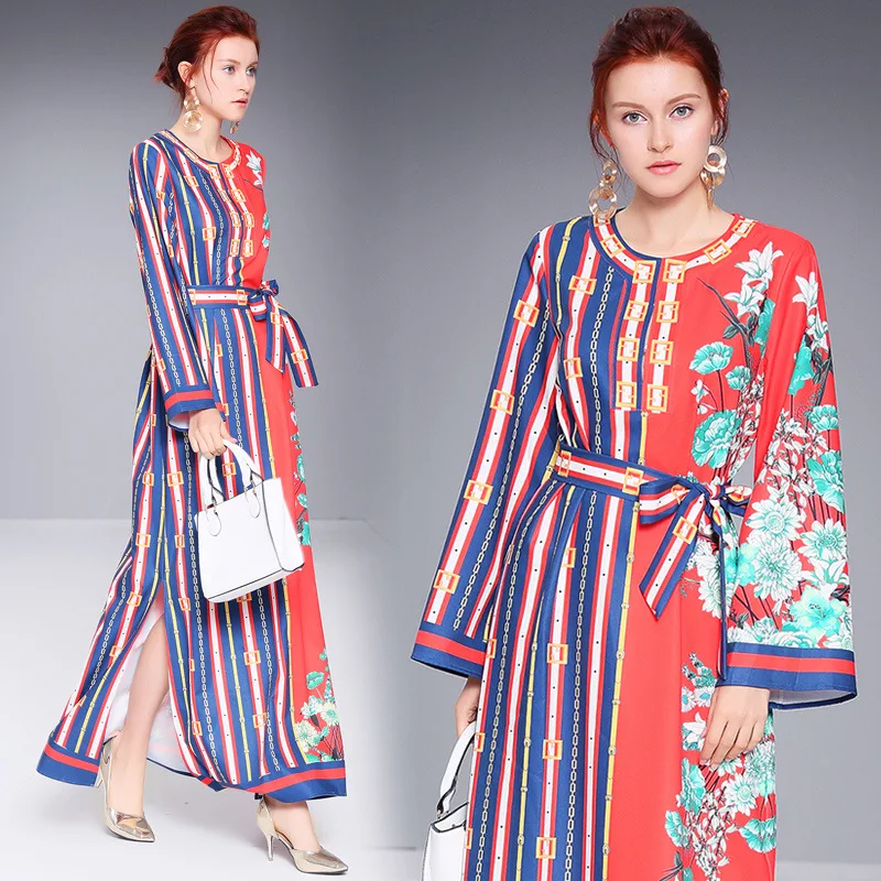 

Ozhouzhan WOMEN'S Dress 2018 New Style Retro Color Matching Printed Slit Europe And America Catwalk Models Lace-up One Piece Lon
