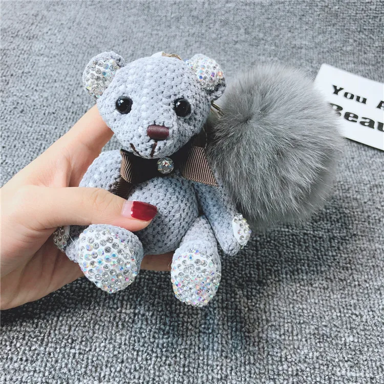 Cute Sitting bear bao Package Pendant Clay Drilling Fox Fur Ball Plush Key Chain Creative Small Gifts Keychain