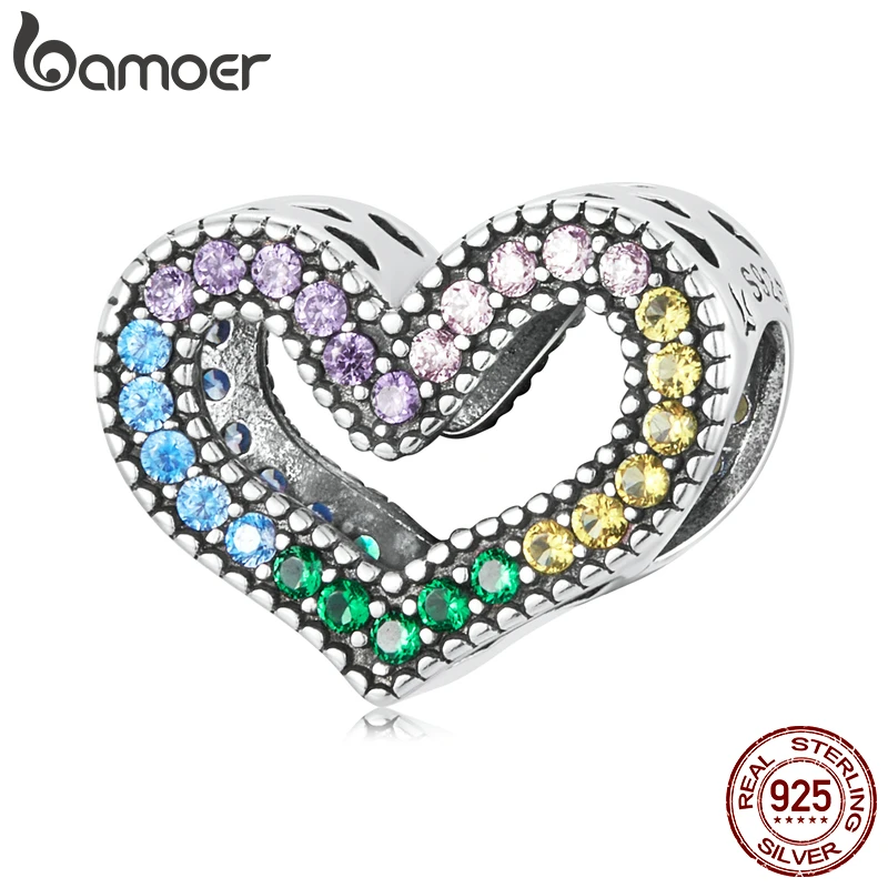 S925 Silver Hollow Beads Rhinestone Love Heart Charms Pendant for DIY Jewelry 